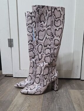 ANTONIO MELANI Snake-Print Over-the-Knee Boots in Taupe and Cream